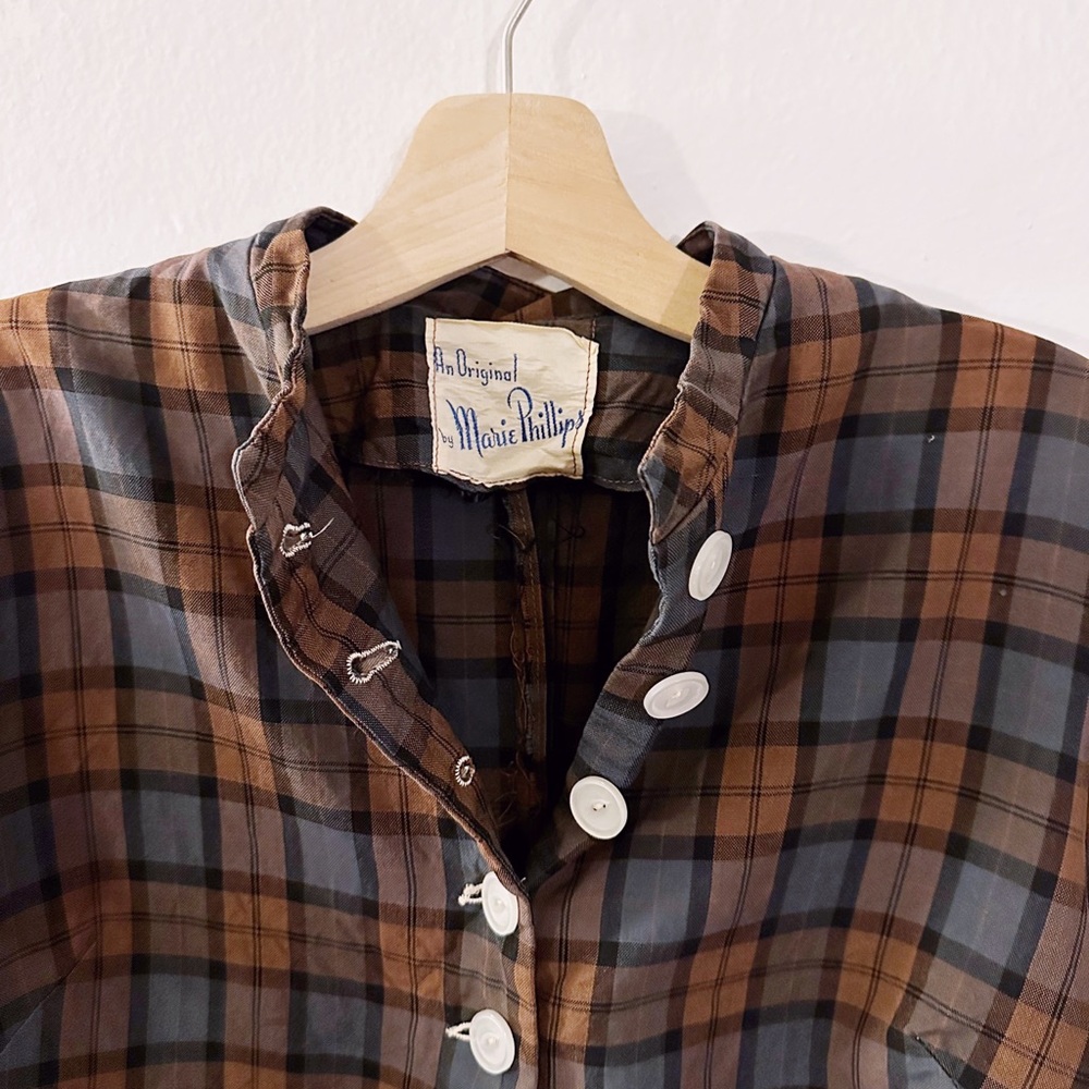Vintage 1950s The Original Marie Phillips Plaid Button Up Shirt Blouse - Picture 4 of 5